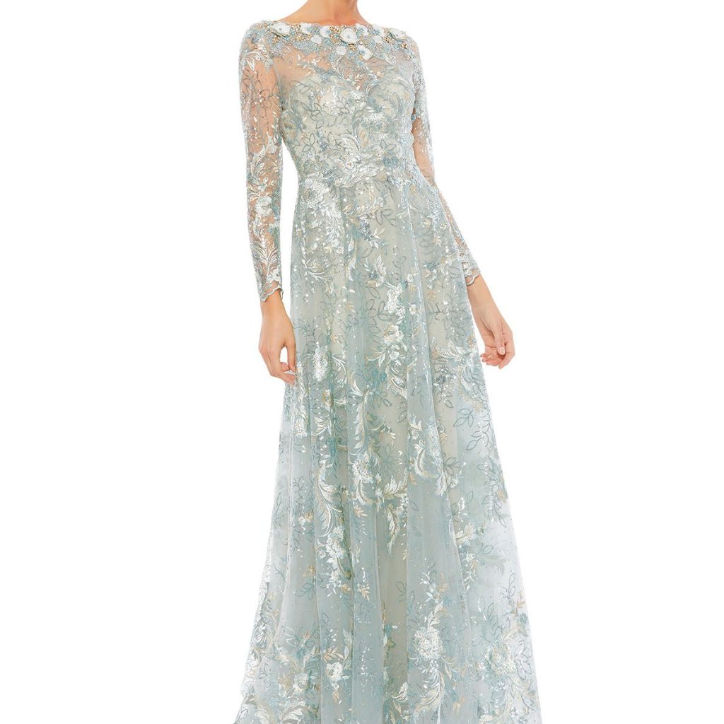 Nwt Mac Duggal Long Sleeve Appliqu Lace A-Line Gown Mist 67498